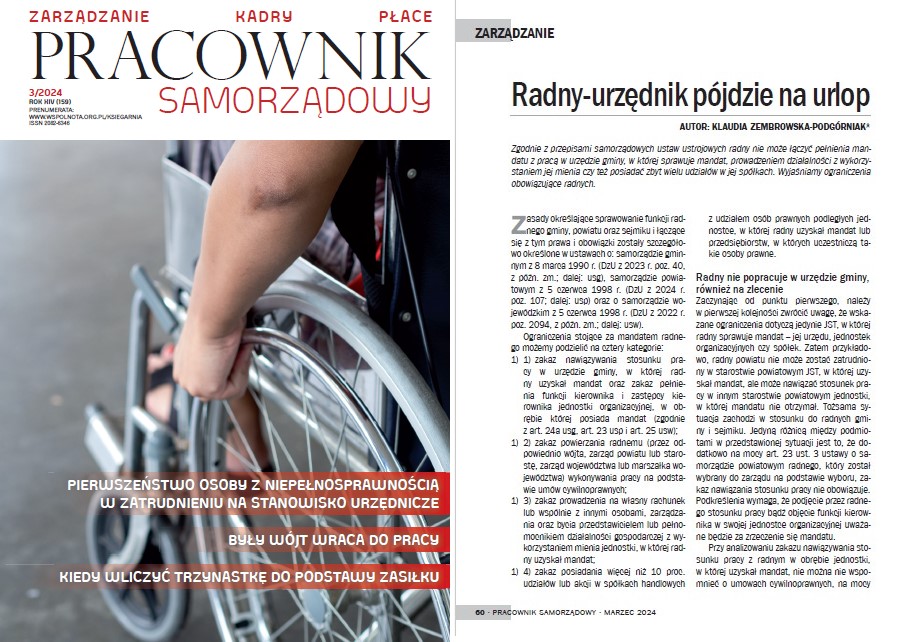 Artykuł pn. „Radny-urzędnik pójdzie na urlop” autorstwa mec. Klaudii Zembrowskiej-Podgórniak